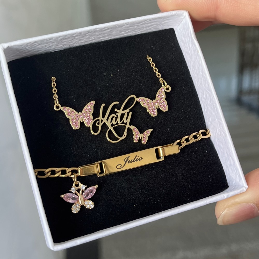 Name Necklace Custom - DUOYING 맞춤형 핑크 나비 세트, 맞춤형